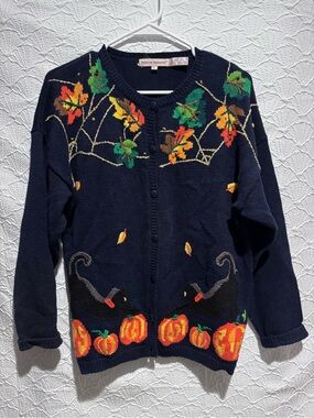 Vintage Lauren Hansen Halloween Cardigan L Black Cat Pumpkin Ghost Owl 90s